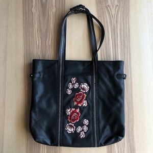 Libby Edelman Rose Embroidered Black Leather Tote